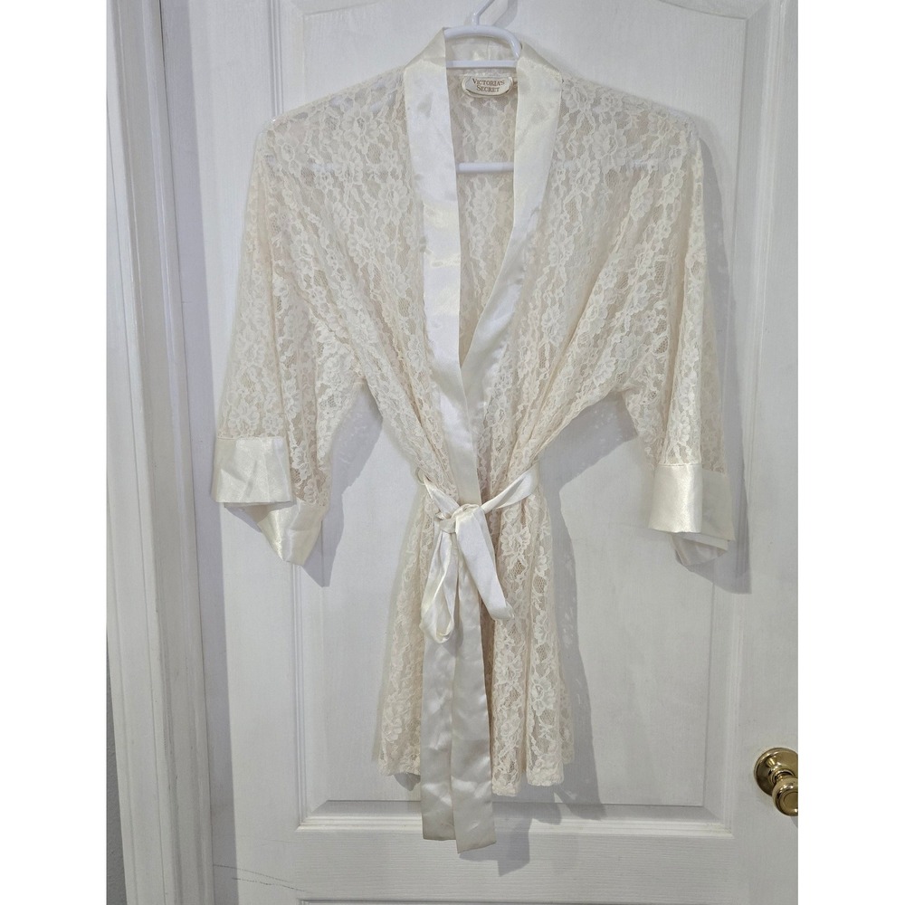 Victoria's Secret Lace Robe Womens One Size Ivory White gold label Vintage Style